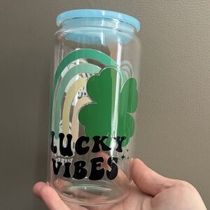 Lucky Vibes Glass Tumbler with Clover Design